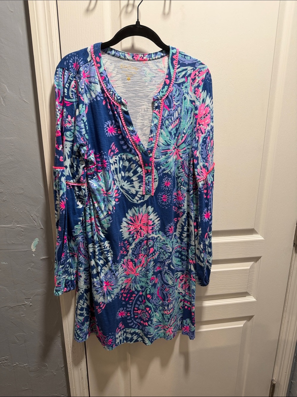 Lilly Pulitzer Blue Long-Sleeve Floral Tunic with Pink Accents